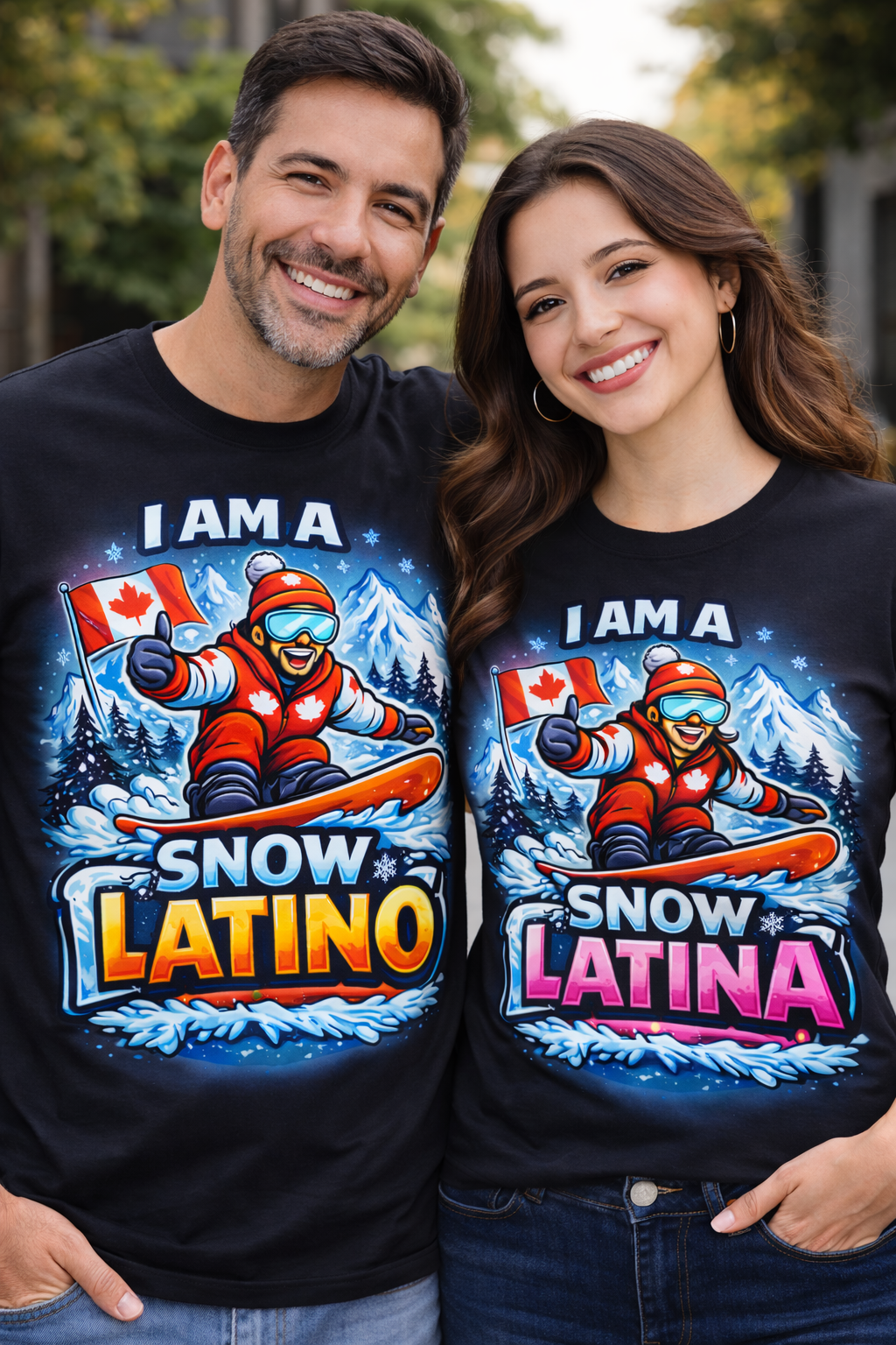 Adults wearing SnowLatinos shirts
