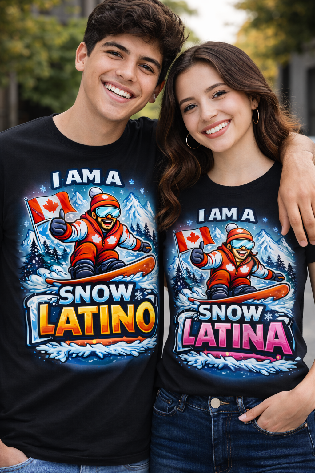 Young couple wearing SnowLatinos shirts